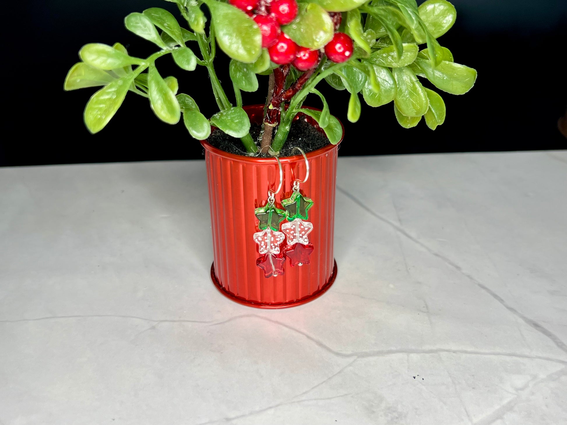 a potted plant with red berries and green leaves