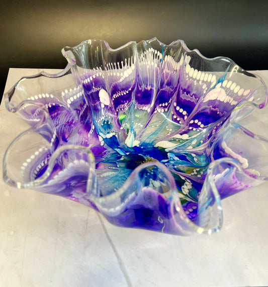 a glass bowl sitting on top of a table