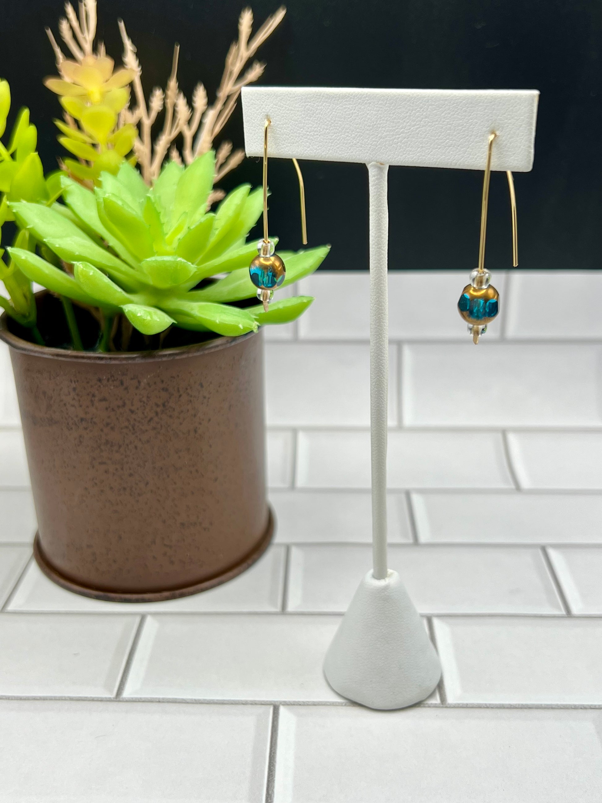 a potted plant sitting next to a pair of earrings