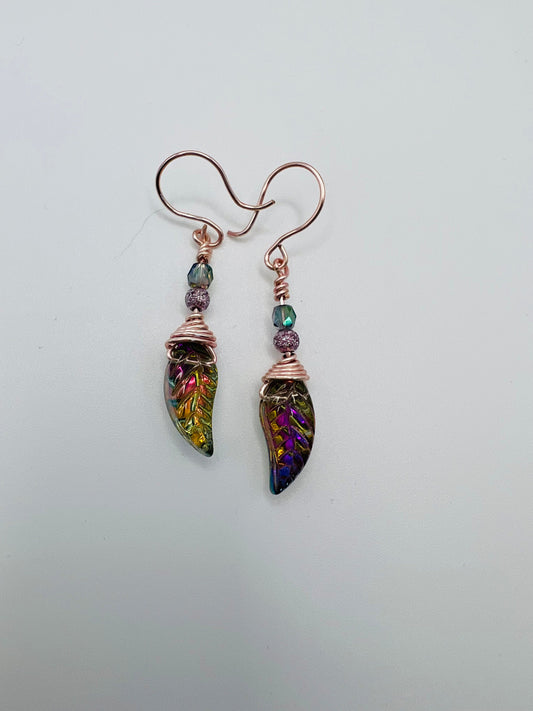 Rose Gold Iridescent Leaf Dangle Earrings