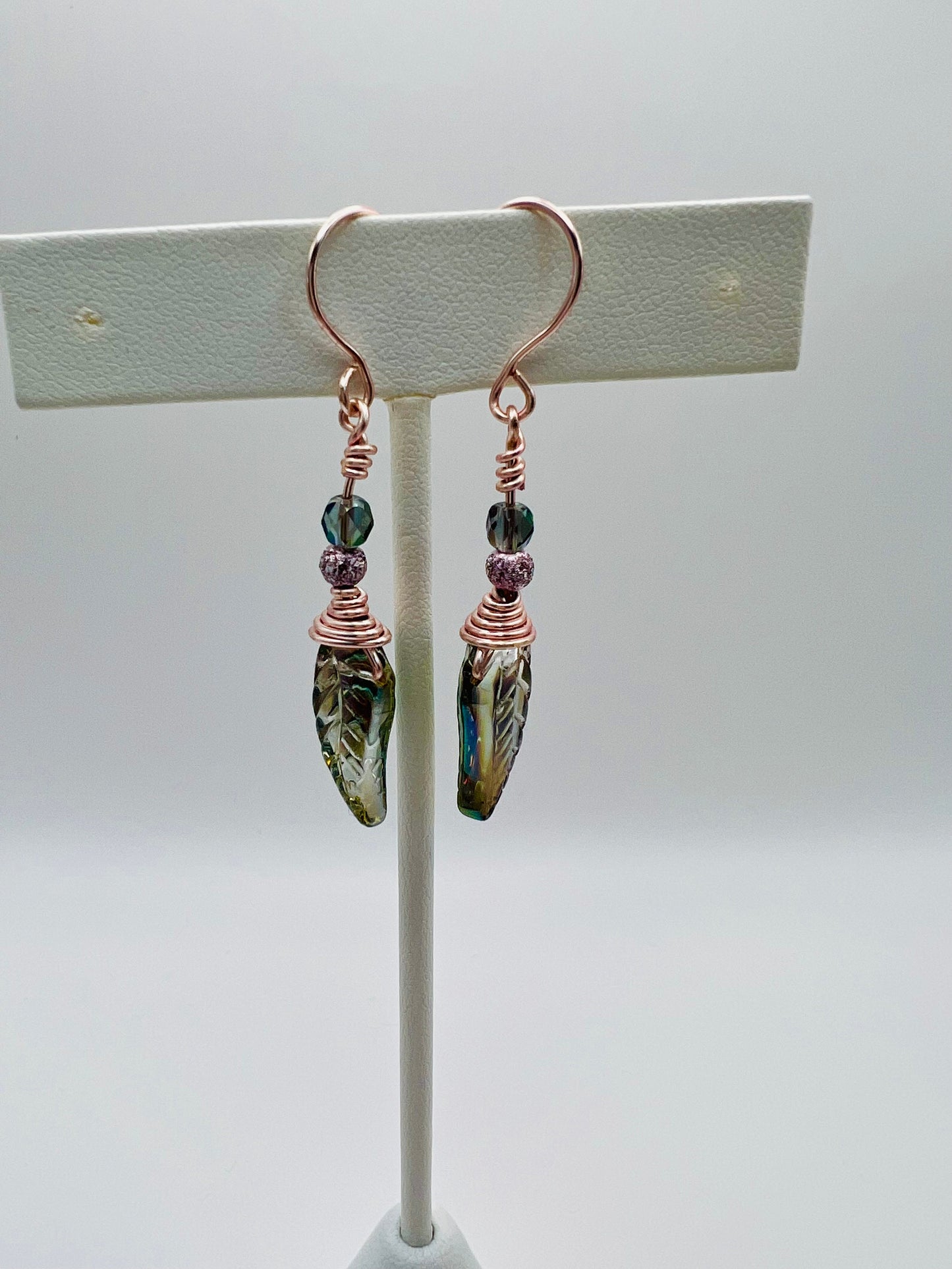 Rose Gold Iridescent Leaf Dangle Earrings