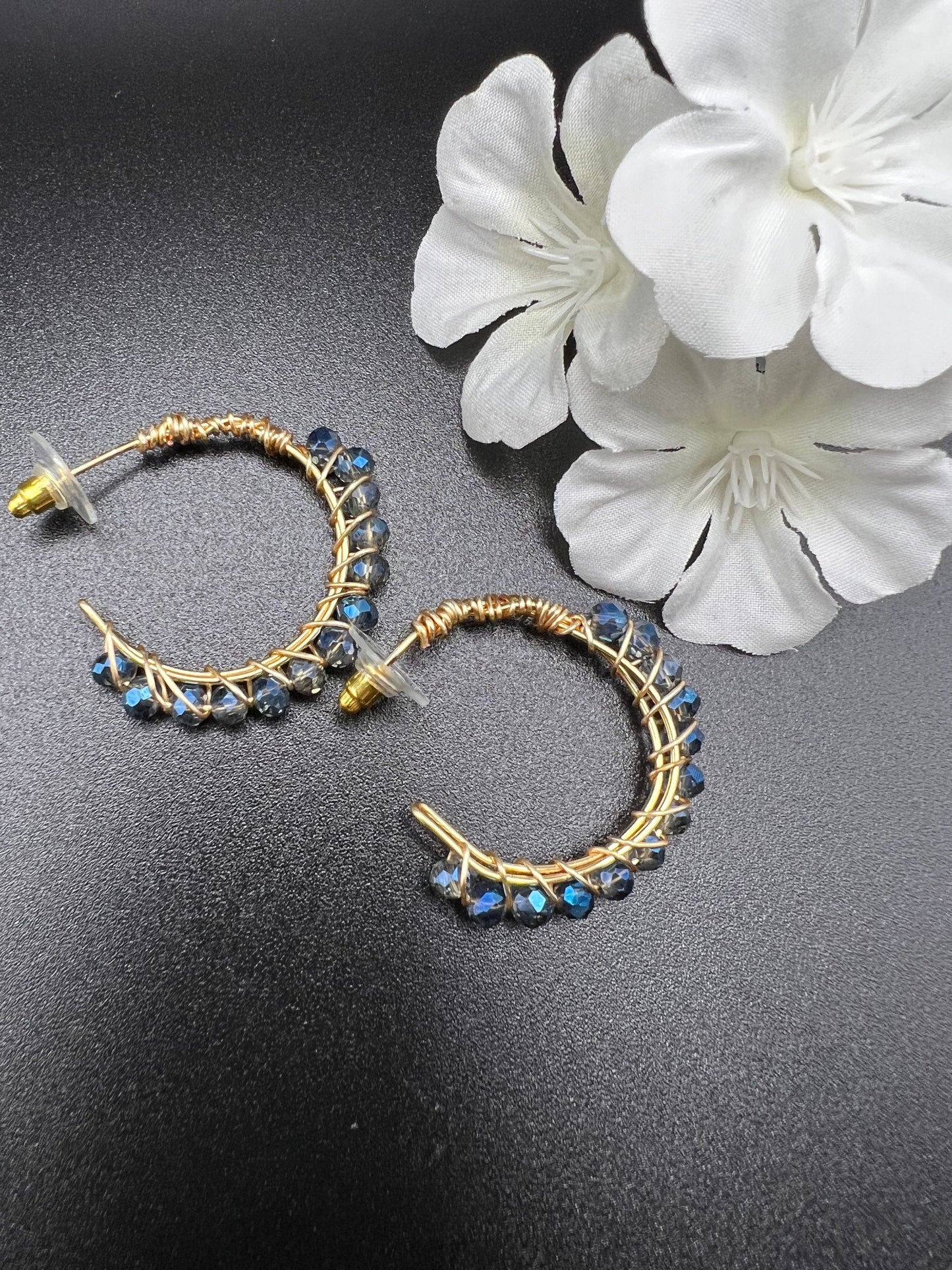 Blue Faceted Rondelle Hoop Earrings