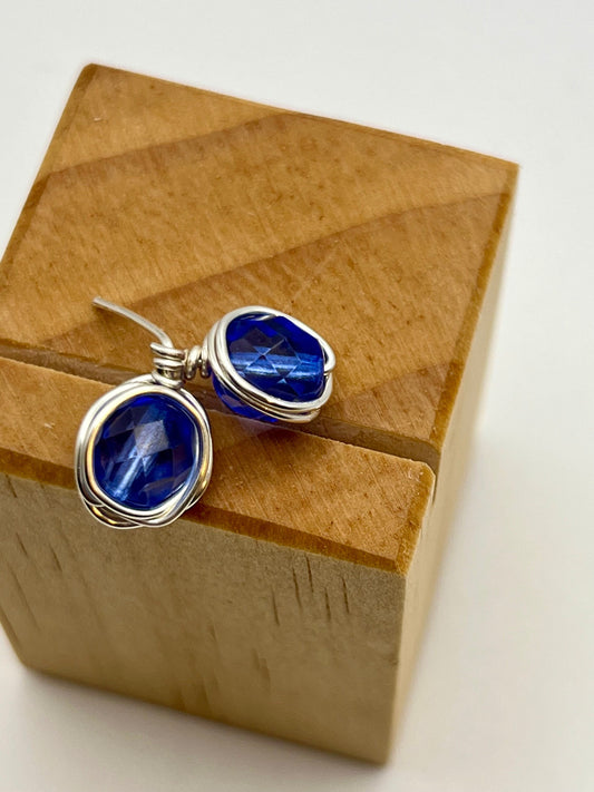 Deep Blue Wire-Wrapped Stud Earrings