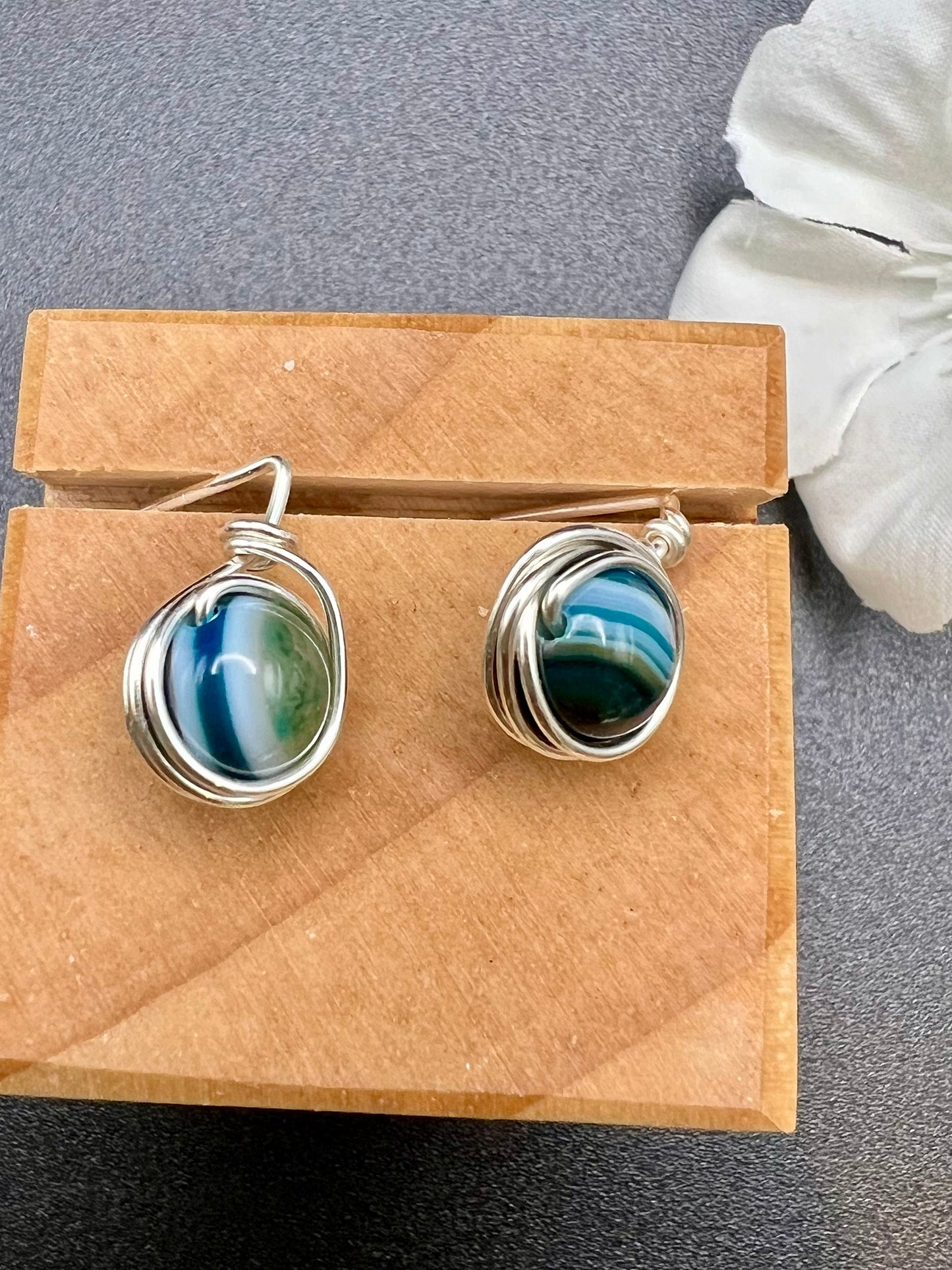 Blue Agate Wire-Wrapped Stud Earrings