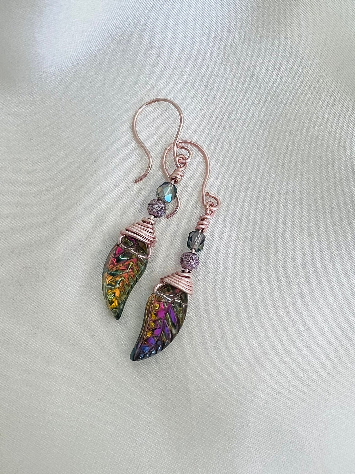 Rose Gold Iridescent Leaf Dangle Earrings