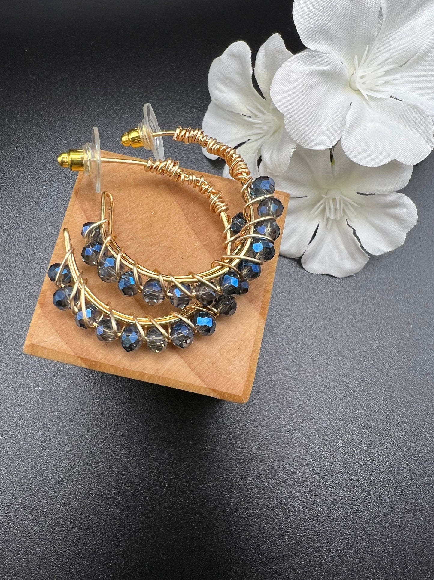 Blue Faceted Rondelle Hoop Earrings