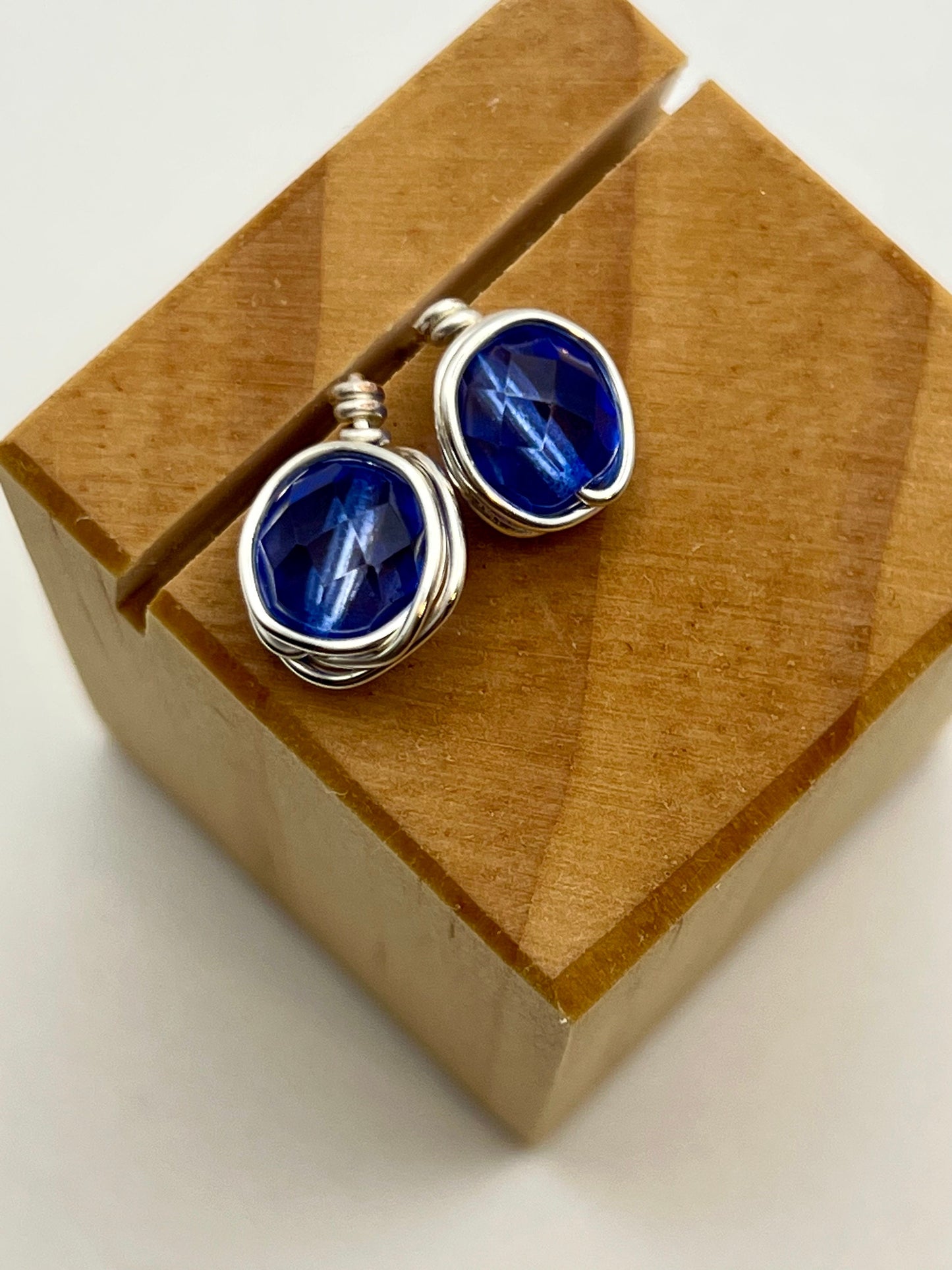 Deep Blue Wire-Wrapped Stud Earrings