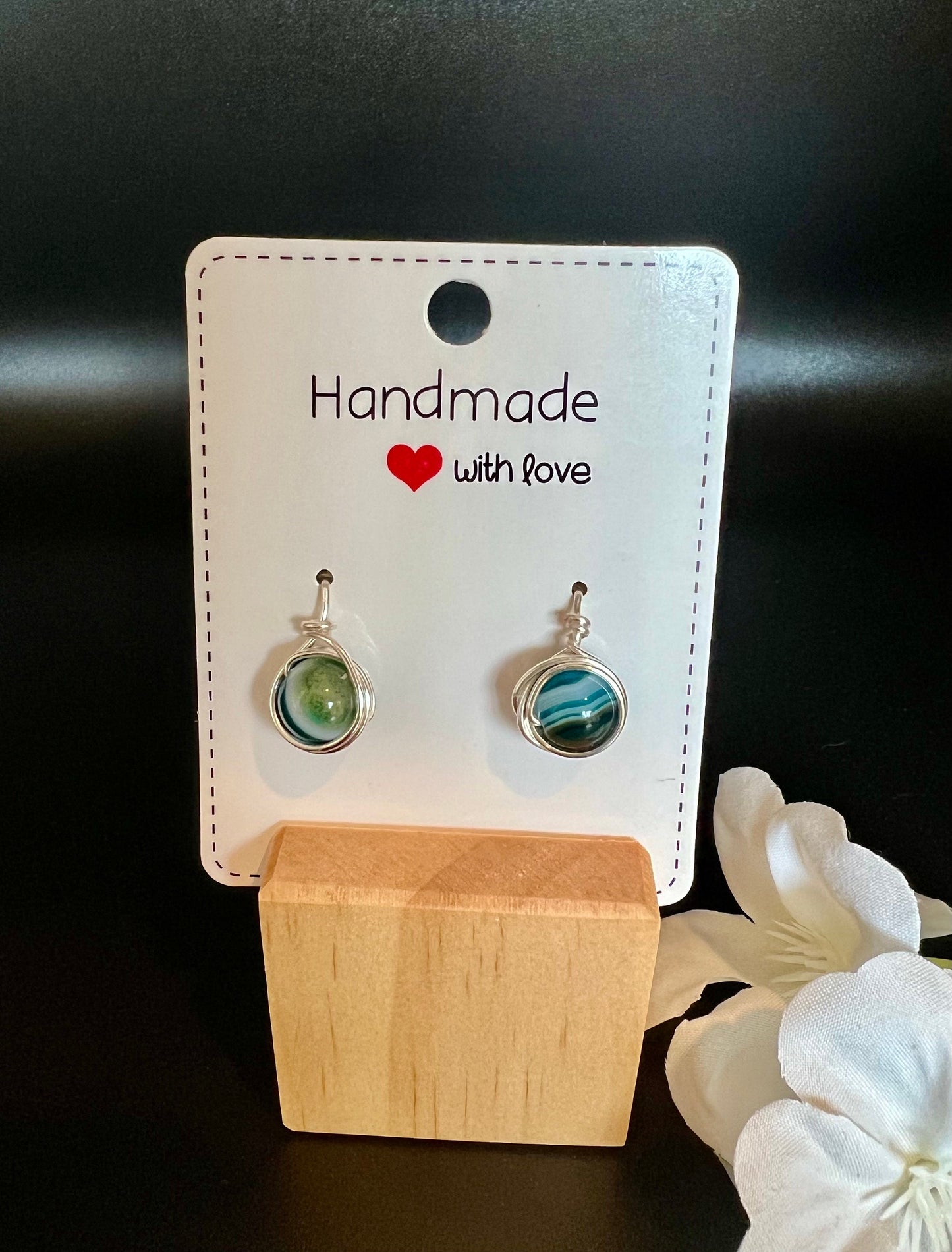 Blue Agate Wire-Wrapped Stud Earrings